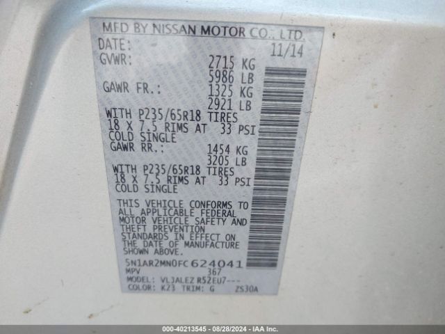 5N1AR2MN0FC624041 Nissan Pathfinder Sv