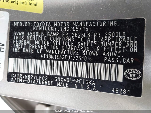 Toyota Avalon Xle Premium 2015 4T1BK1EB3FU172510 Image 9