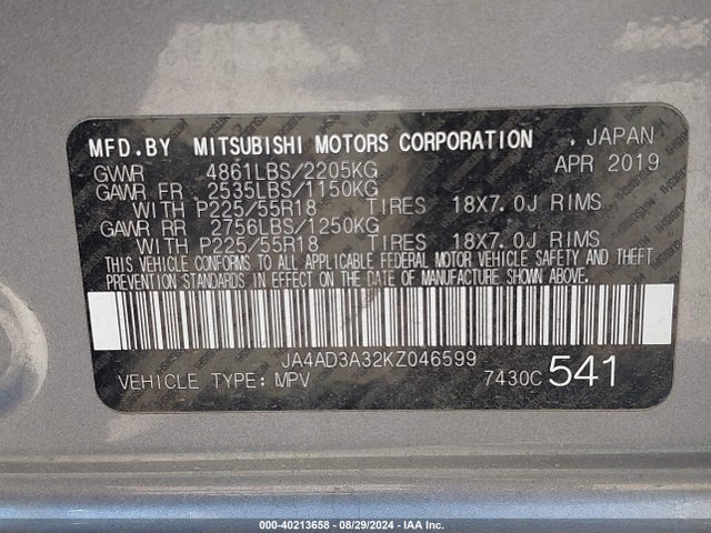 2019 MITSUBISHI OUTLANDER JA4AD3A32KZ046599 Photo 8