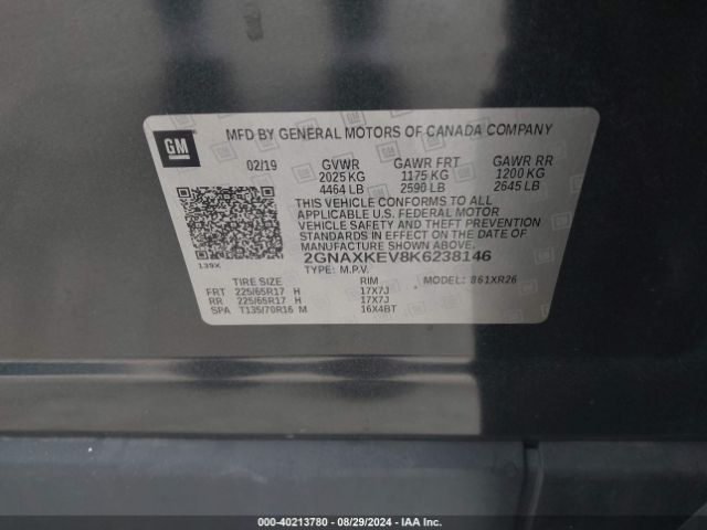 2GNAXKEV8K6238146 Chevrolet EQUINOX LT