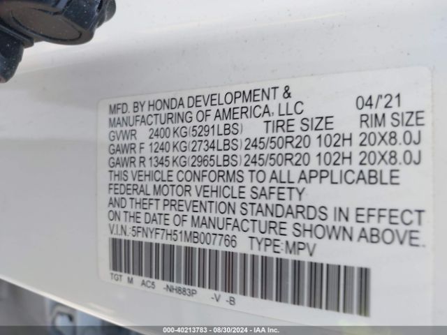 5FNYF7H51MB007766 Honda Passport 2wd Ex-l