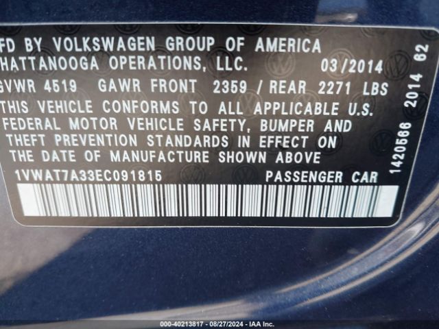 1VWAT7A33EC091815 Volkswagen Passat 1.8t Wolfsburg Edition