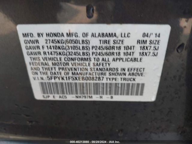 5FPYK1F5XEB008287 Honda Ridgeline Rtl