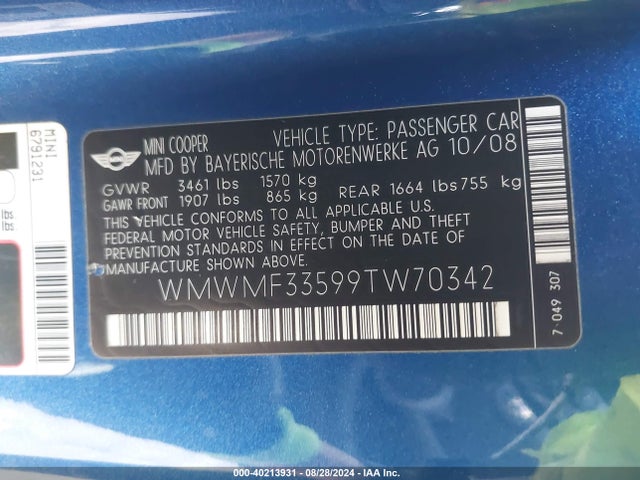 2009 MINI COOPER WMWMF33599TW70342 Photo 8