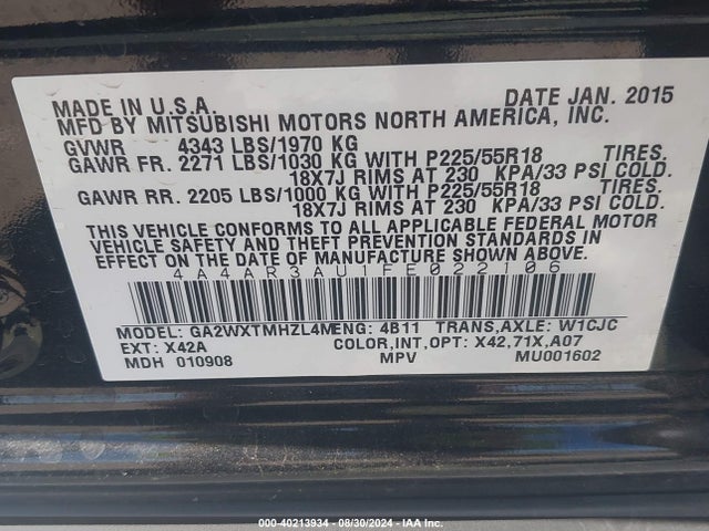 2015 MITSUBISHI OUTLANDER SPORT 4A4AR3AU1FE022106 Photo 8