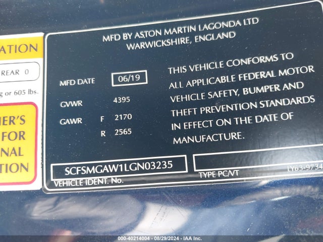 SCFSMGAW1LGN03235 Aston Martin Vantage