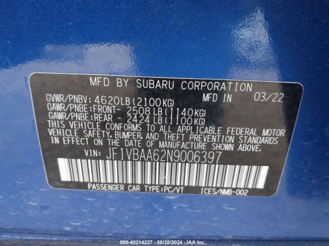 JF1VBAA62N9006397 Subaru WRX