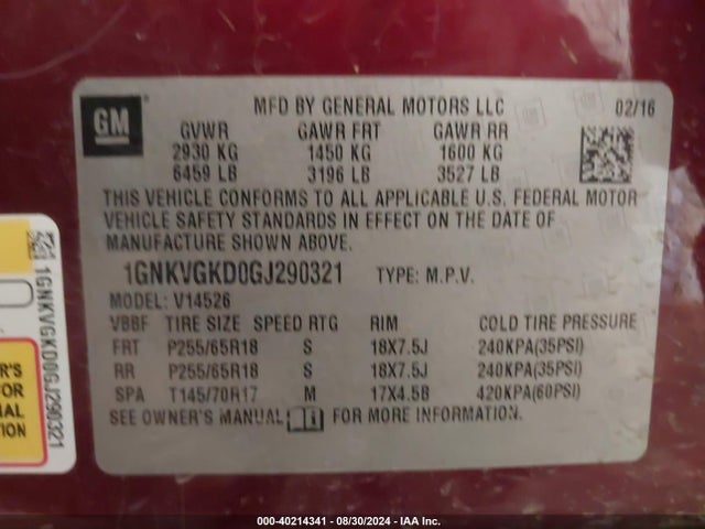 Chevrolet Traverse 1lt 2016 1GNKVGKD0GJ290321 Image 9