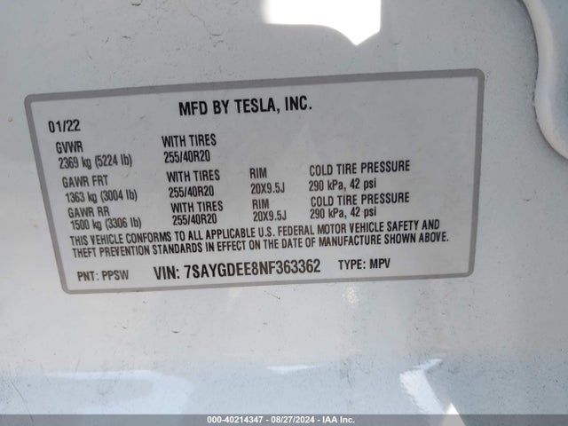 2022 TESLA MODEL Y 7SAYGDEE8NF363362 Photo 8