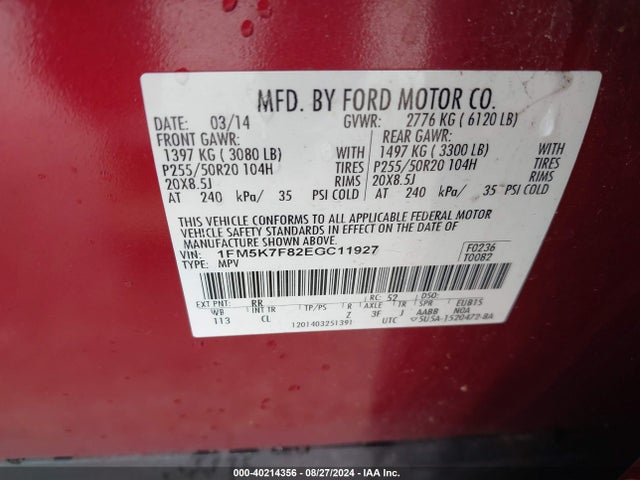 Ford Explorer Limited 2014 1FM5K7F82EGC11927 Image 9
