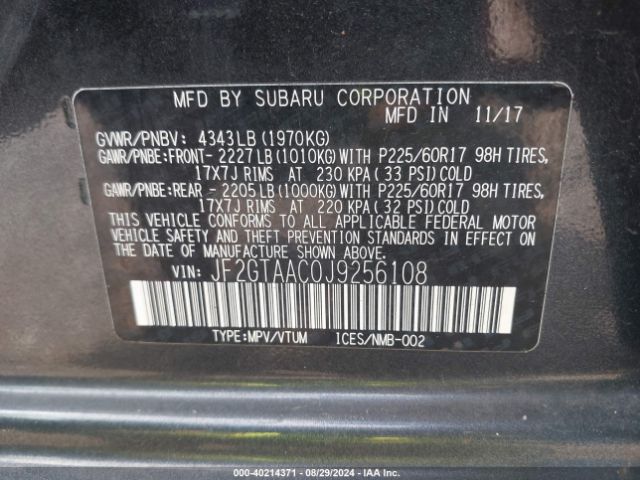 JF2GTAAC0J9256108 Subaru Crosstrek 2.0i