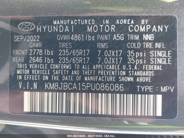 KM8JBCA15PU086086 Hyundai Tucson Hybrid Blue
