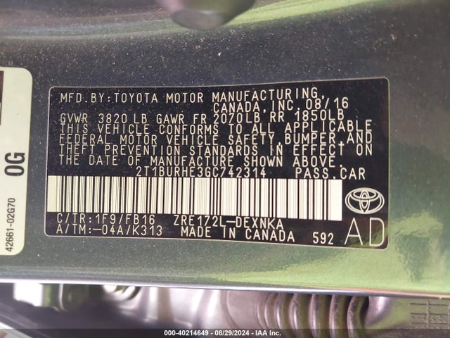 Toyota COROLLA LE 2016 2T1BURHE3GC742314 Image 9