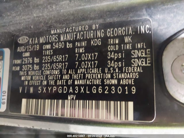 5XYPGDA3XLG623019 KIA Sorento 2.4l Lx