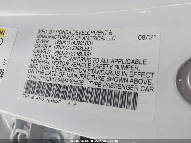 Honda Accord Ex-l 2021 1HGCV1F54MA095526 Image 9