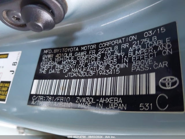 Toyota Prius Two 2015 JTDKN3DU3F1943415 Image 9