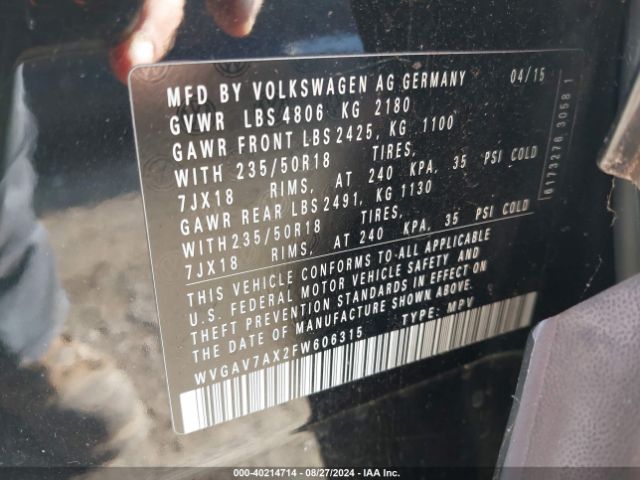 WVGAV7AX2FW606315 Volkswagen TIGUAN SE