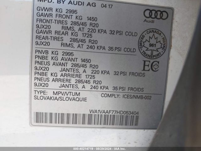 WA1VAAF77HD053404 Audi Q7 3.0t Premium