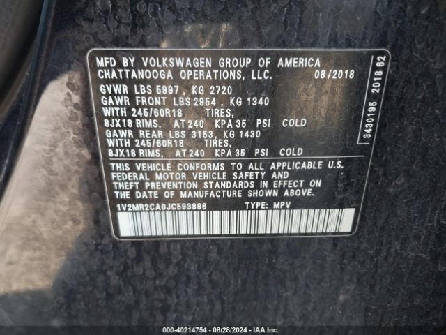 1V2MR2CA0JC593896 Volkswagen Atlas 3.6l V6 Sel