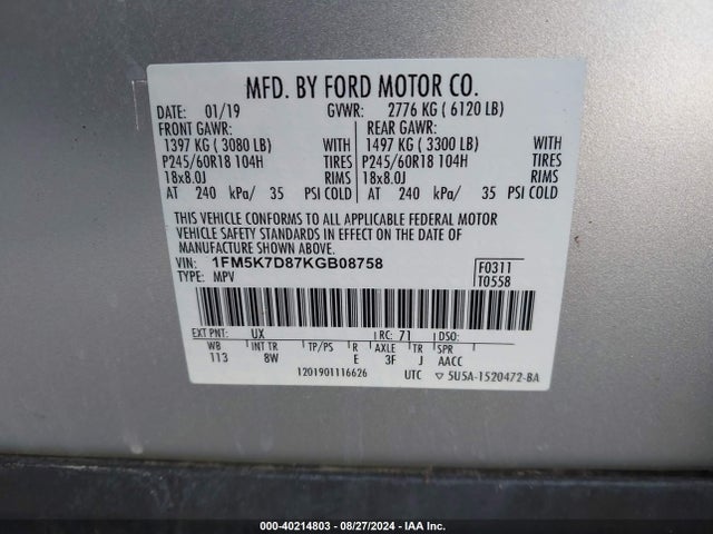 Ford EXPLORER XLT 2019 1FM5K7D87KGB08758 Image 9