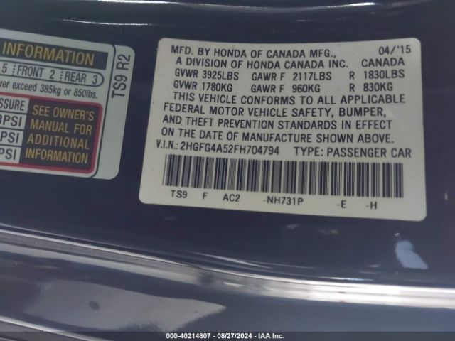 2HGFG4A52FH704794 Honda CIVIC SI