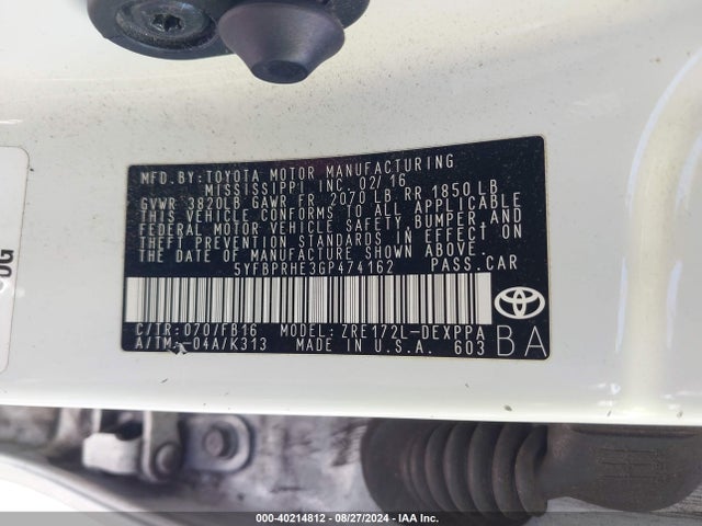 Toyota Corolla Le Plus 2016 5YFBPRHE3GP474162 Image 9