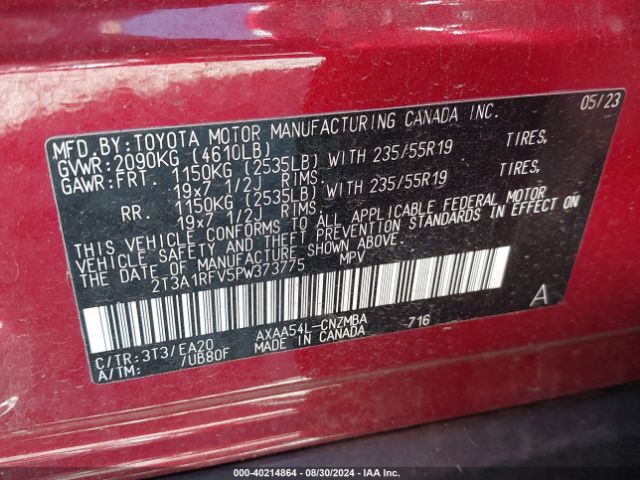 2T3A1RFV5PW373775 Toyota Rav4 Xle Premium