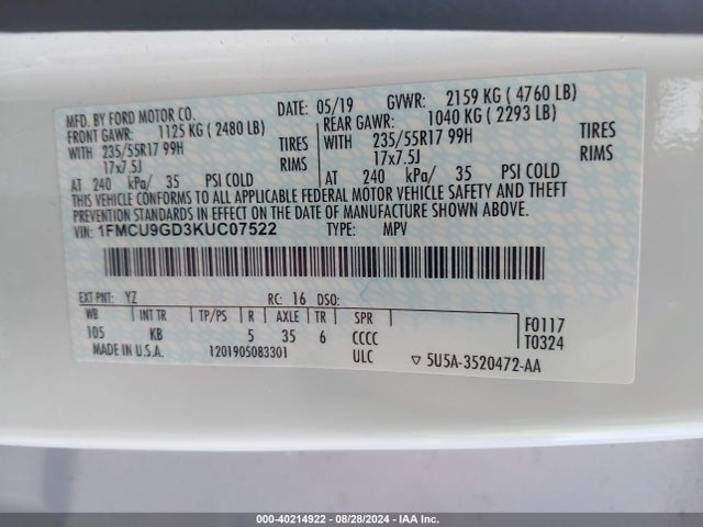 Ford ESCAPE SE 2019 1FMCU9GD3KUC07522 Image 9