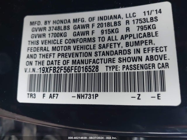 Honda Civic Lx 2015 19XFB2F56FE016528 Image 9