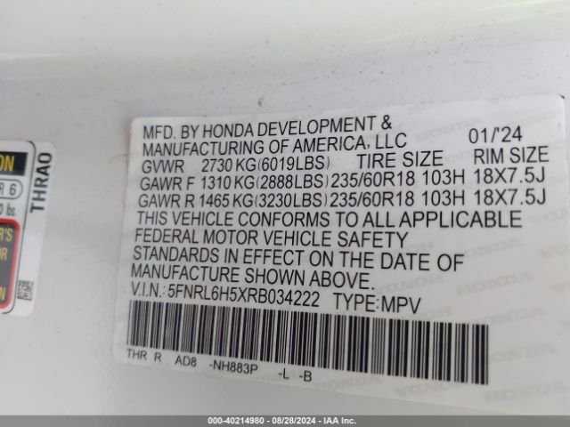 5FNRL6H5XRB034222 Honda ODYSSEY EX