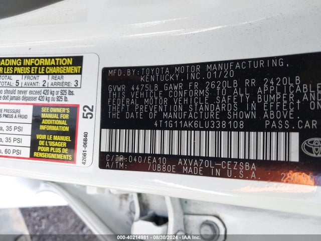 Toyota CAMRY SE 2020 4T1G11AK6LU338108 Image 9