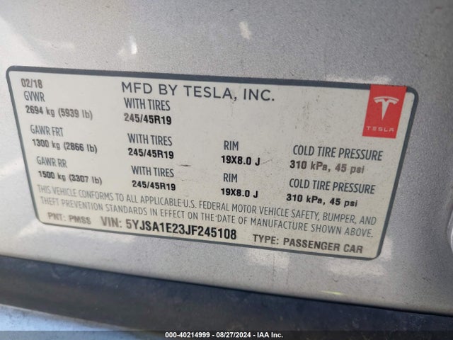 5YJSA1E23JF245108 Tesla Model S 100d/75d/p100d