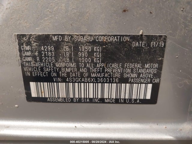 Subaru IMPREZA SEDAN 2020 4S3GKAB6XL3603136 Image 9