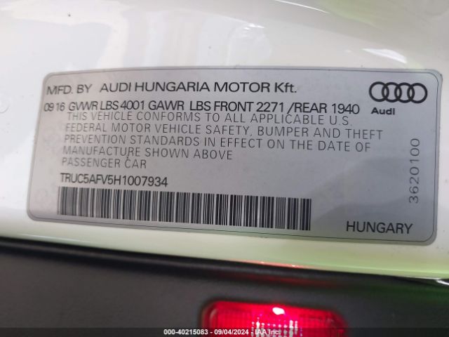 TRUC5AFV5H1007934 Audi Tt 2.0t