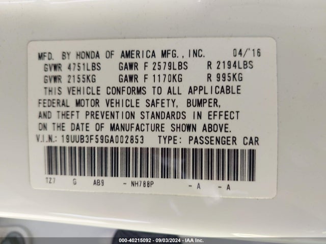 19UUB3F59GA002853 Acura Tlx V6 Tech
