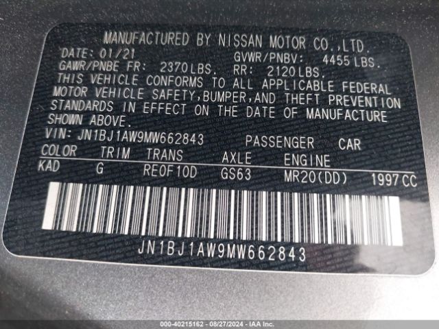 JN1BJ1AW9MW662843 Nissan Rogue Sport S Awd Xtronic Cvt