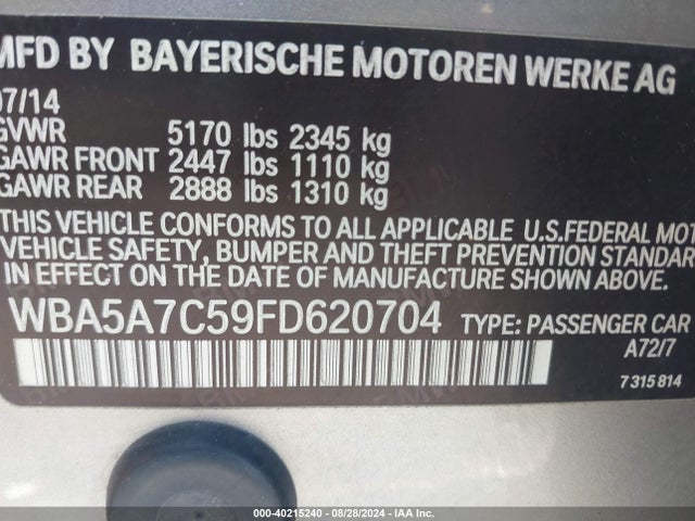 BMW 528i Xdrive 2015 WBA5A7C59FD620704 Image 9