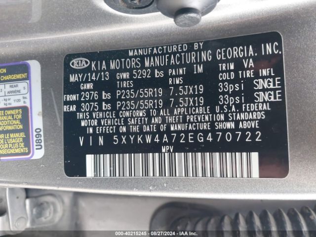 5XYKW4A72EG470722 KIA Sorento Limited V6