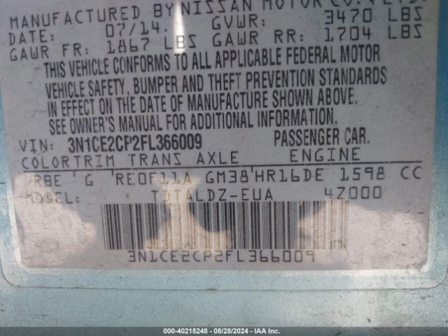 3N1CE2CP2FL366009 Nissan Versa Note Sv