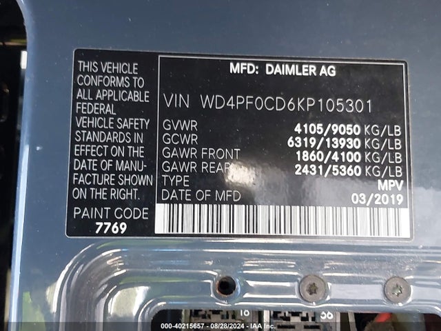 WD4PF0CD6KP105301 Mercedes-Benz Sprinter 2500 High Roof V6/standard Roof V6