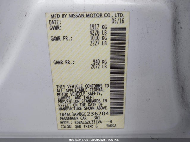 Nissan Altima 2.5 S 2016 1N4AL3AP0GC236204 Image 9