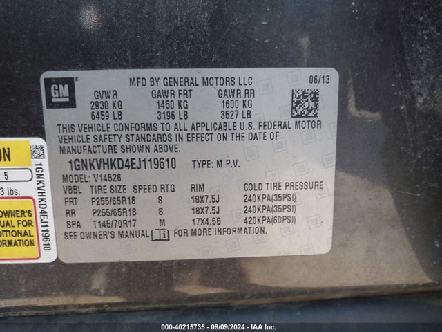 Chevrolet Traverse 2lt 2014 1GNKVHKD4EJ119610 Image 9