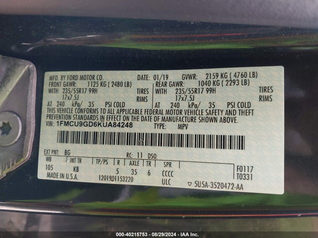 Ford ESCAPE SE 2019 1FMCU9GD6KUA84248 Image 9