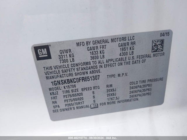 Chevrolet Tahoe Lt 2015 1GNSKBKC0FR651307 Image 9