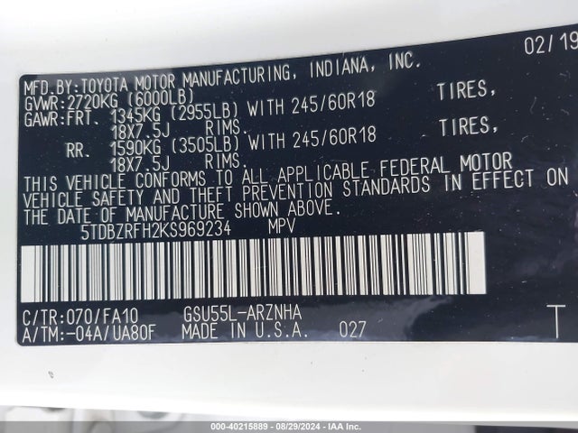 Toyota Highlander Le Plus 2019 5TDBZRFH2KS969234 Image 9