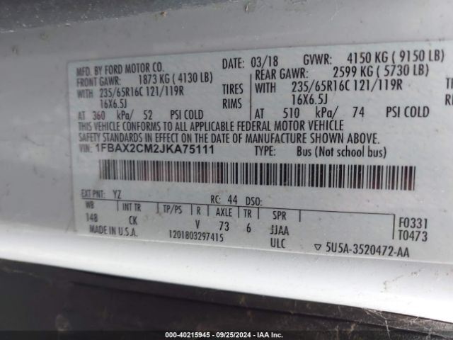 1FBAX2CM2JKA75111 Ford Transit-350 Xlt