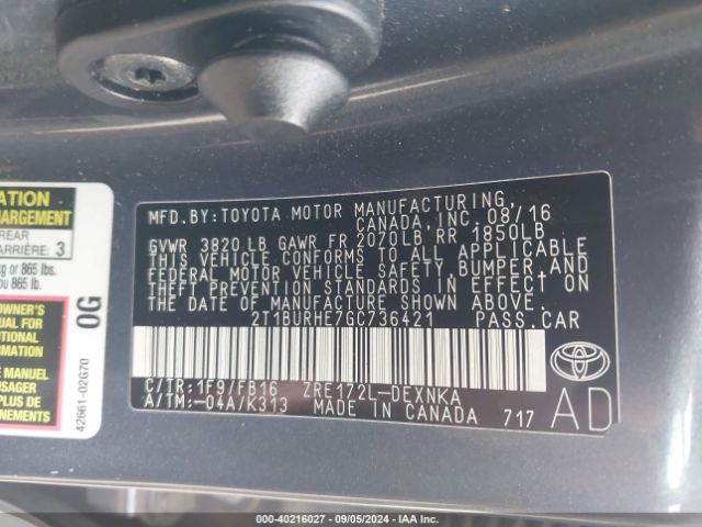 2T1BURHE7GC736421 Toyota COROLLA LE