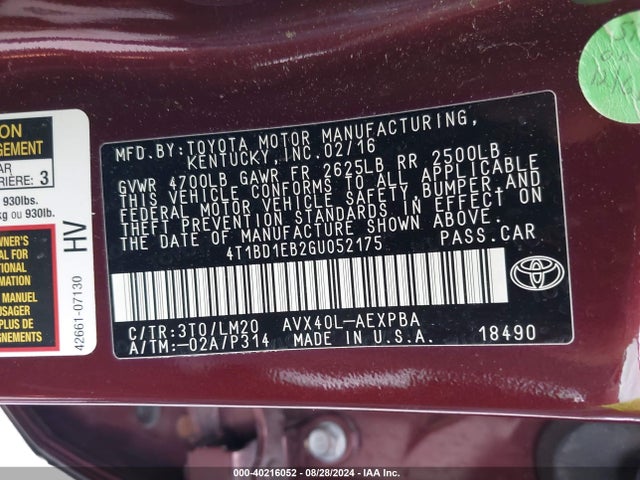 Toyota Avalon Hybrid Limited 2016 4T1BD1EB2GU052175 Image 9