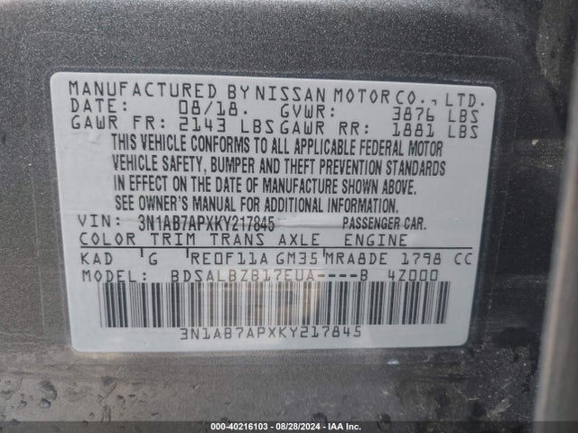Nissan SENTRA S 2019 3N1AB7APXKY217845 Image 9