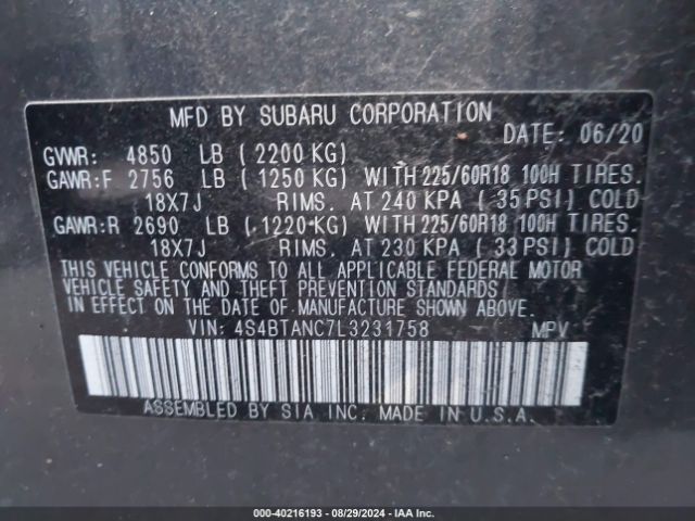 4S4BTANC7L3231758 Subaru Outback Limited